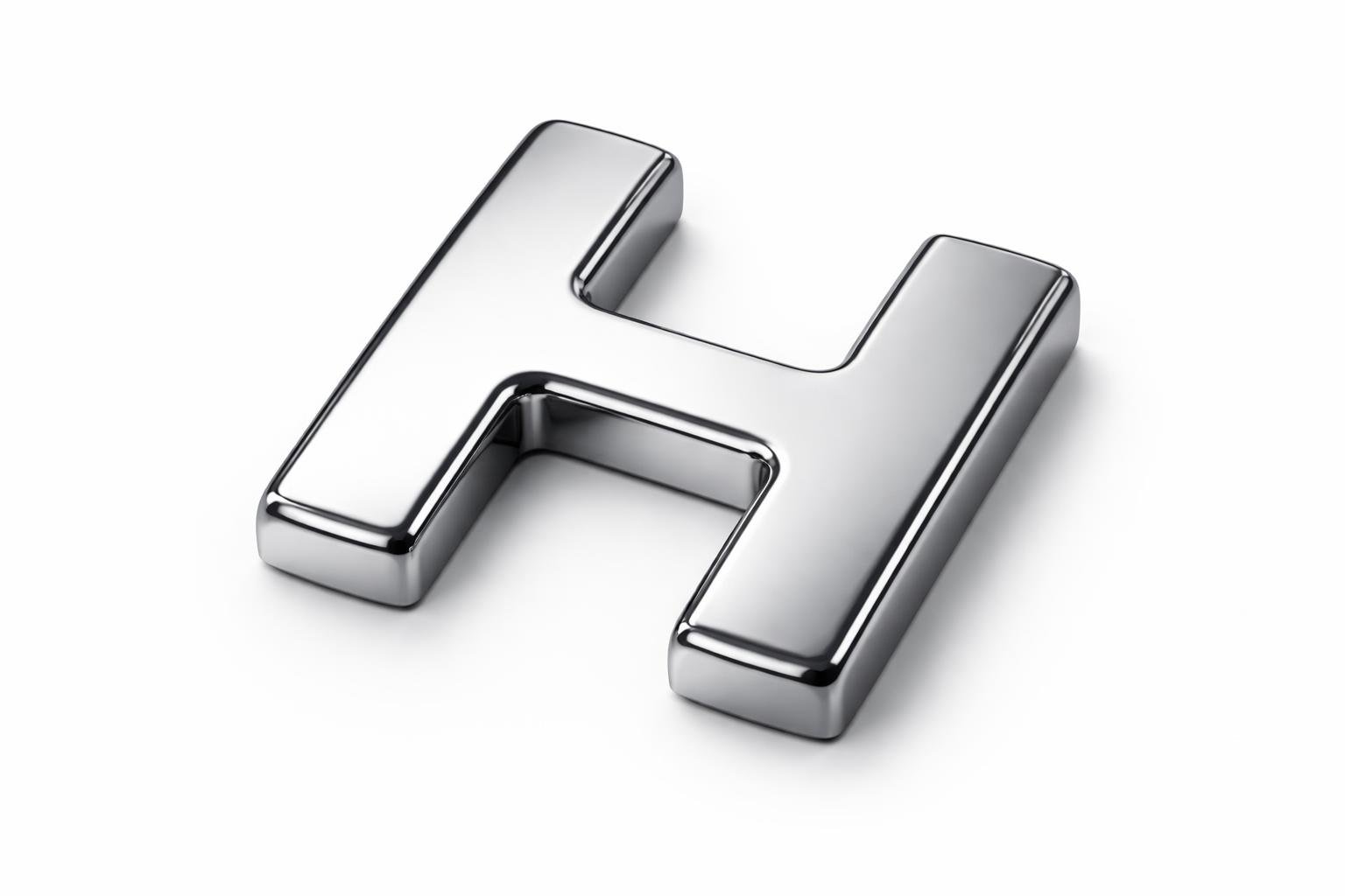 Objeto metálico em forma da letra H sobre fundo branco.