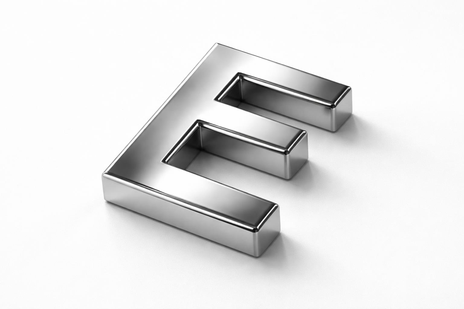 Objeto metálico em forma da letra E sobre fundo branco.