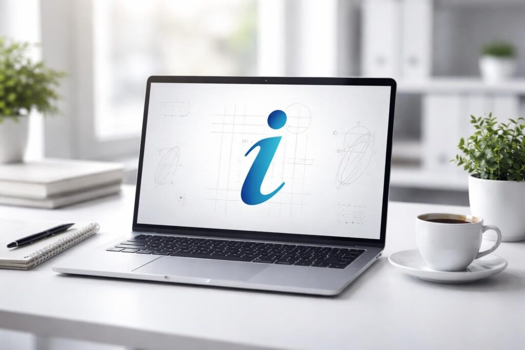 Ambiente de escritório moderno com laptop mostrando um esboço do logo da letra i.