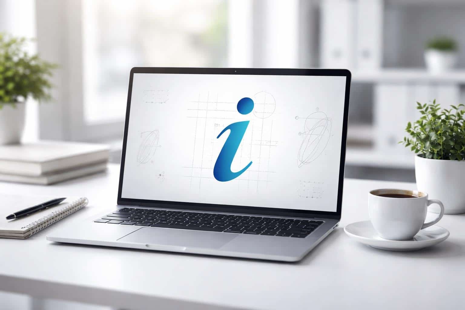 Ambiente de escritório moderno com laptop mostrando um esboço do logo da letra i.