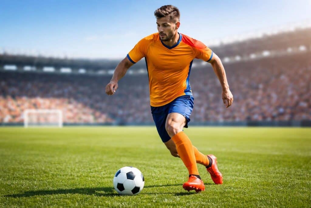 Jogador de futebol masculino correndo com a bola em um campo verde durante o dia.