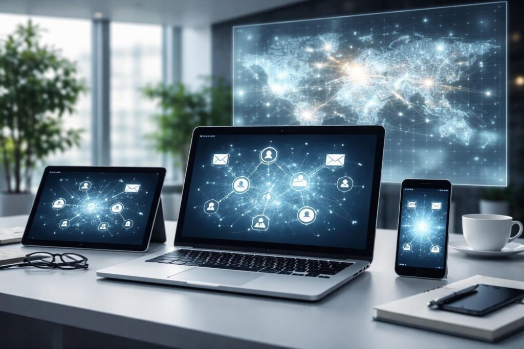 Mesa de escritório com dispositivos digitais mostrando diagramas de rede e comunicação, com uma tela ao fundo exibindo um mapa de rede iluminado.
