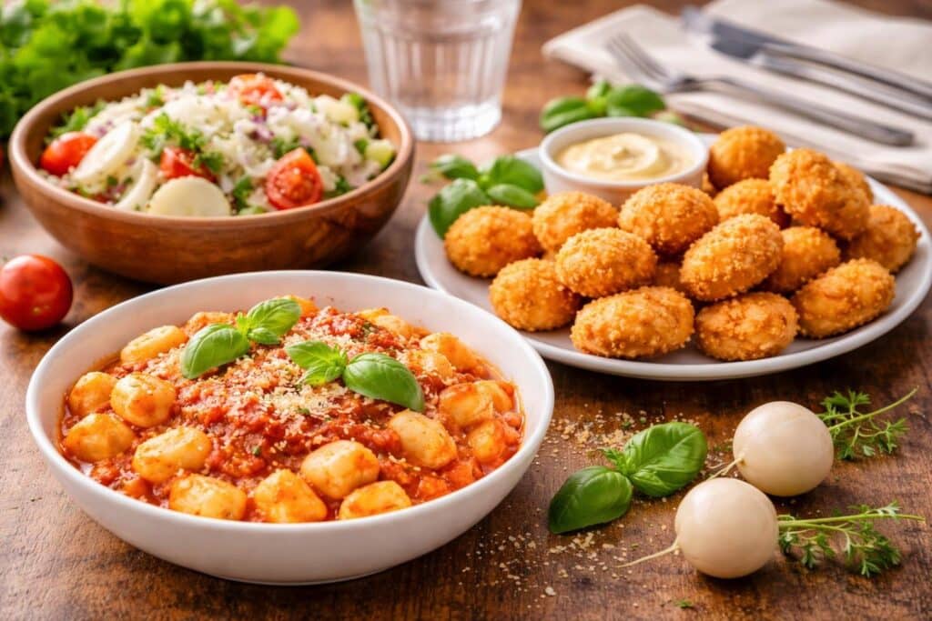Mesa com pratos de comida brasileira incluindo nhoque, nuggets de frango e salada de nabo, todos dispostos de forma apetitosa.