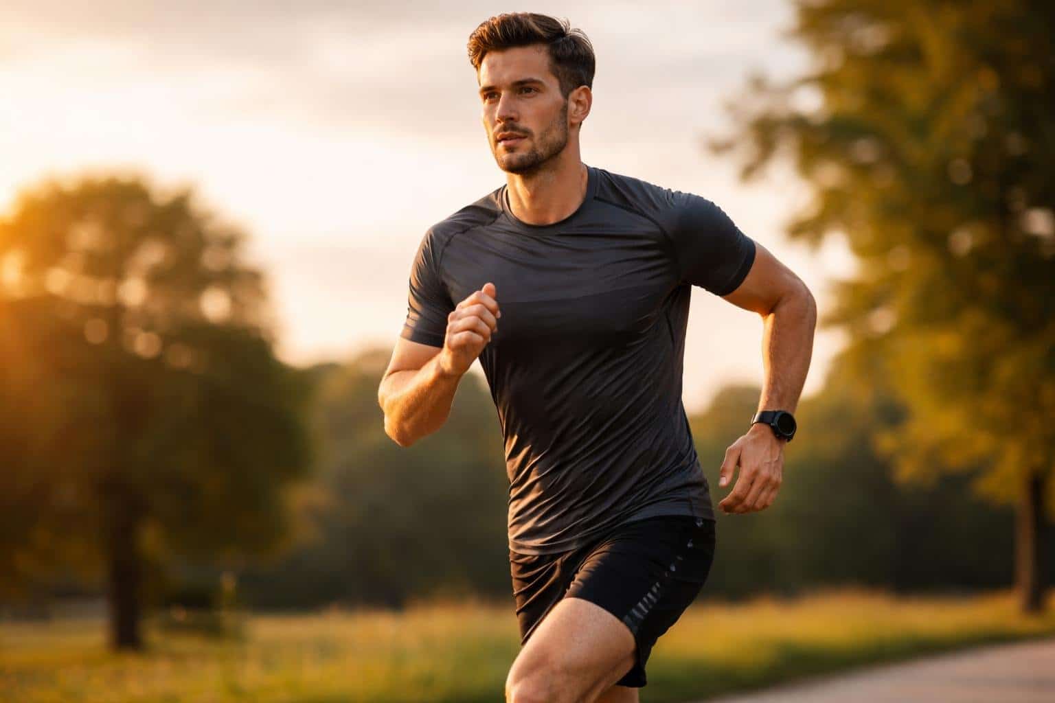 Homem correndo em um parque com árvores verdes ao fundo, em um momento de esforço e concentração.