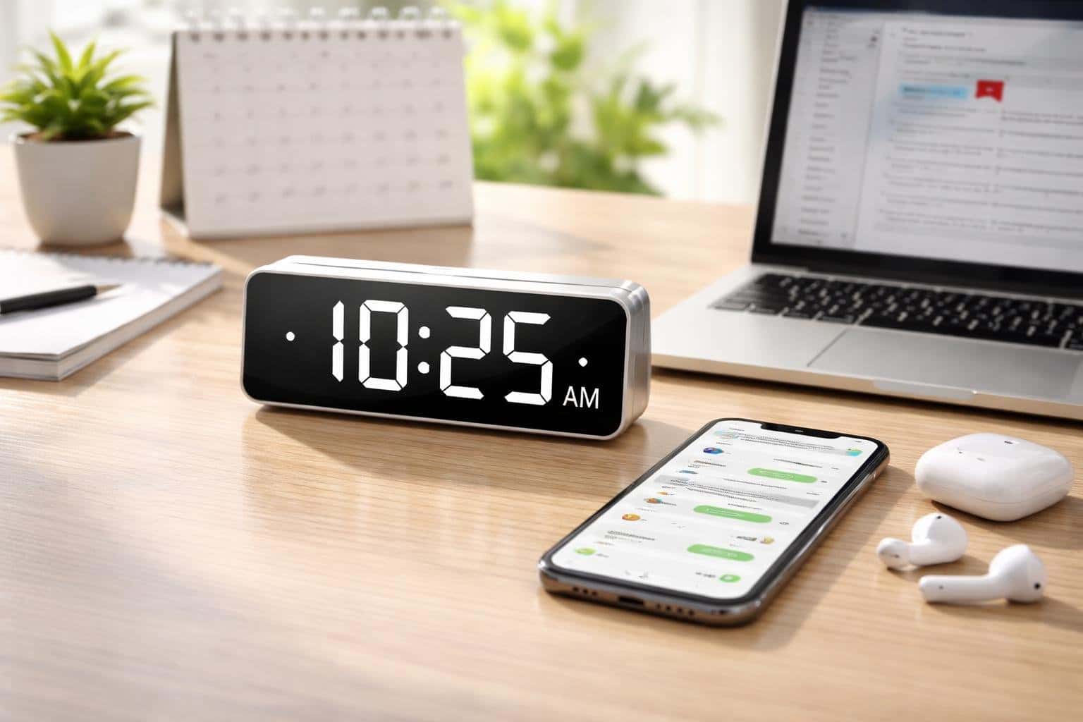 Mesa de escritório moderna com relógio digital, smartphone com aplicativos de mensagens abertos, calendário e laptop com notificações de e-mail.