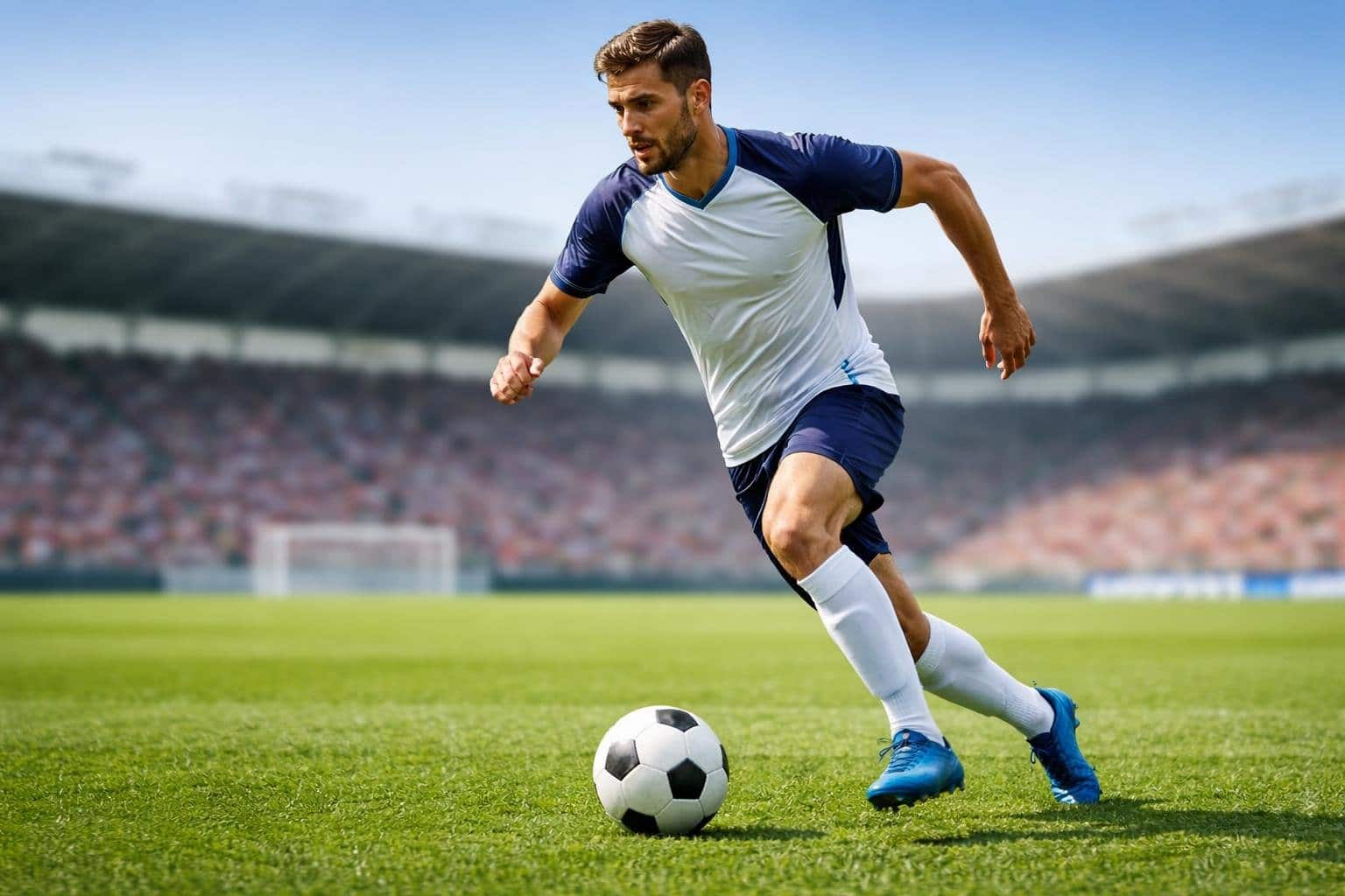 Jogador de futebol masculino correndo com a bola em um campo verde durante o dia.