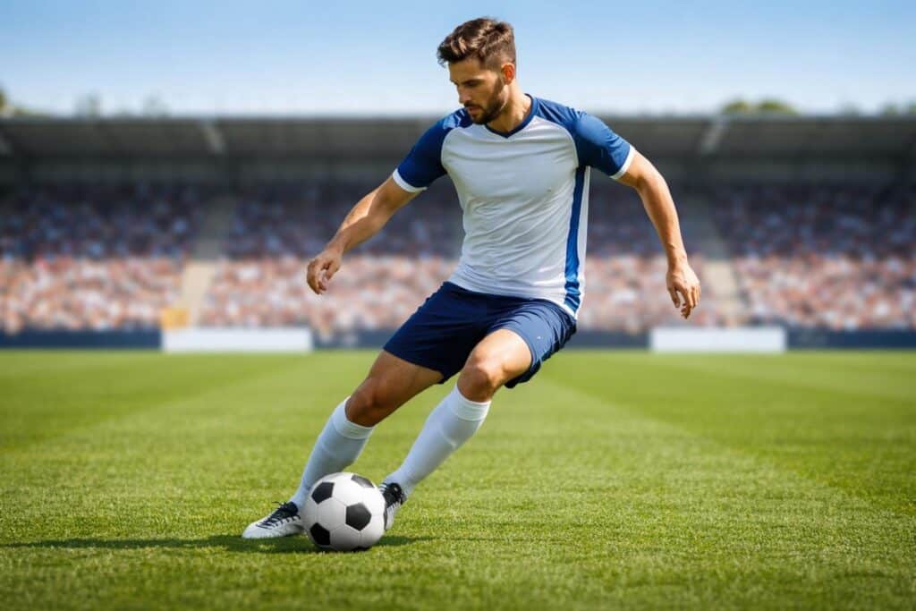 Jogador de futebol masculino driblando a bola em campo verde durante o dia.