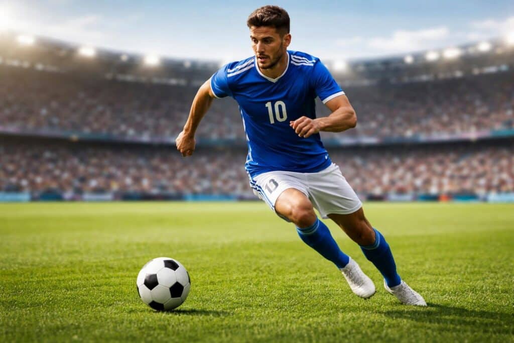 Jogador de futebol masculino correndo atrás da bola em um campo verde com estádio ao fundo.