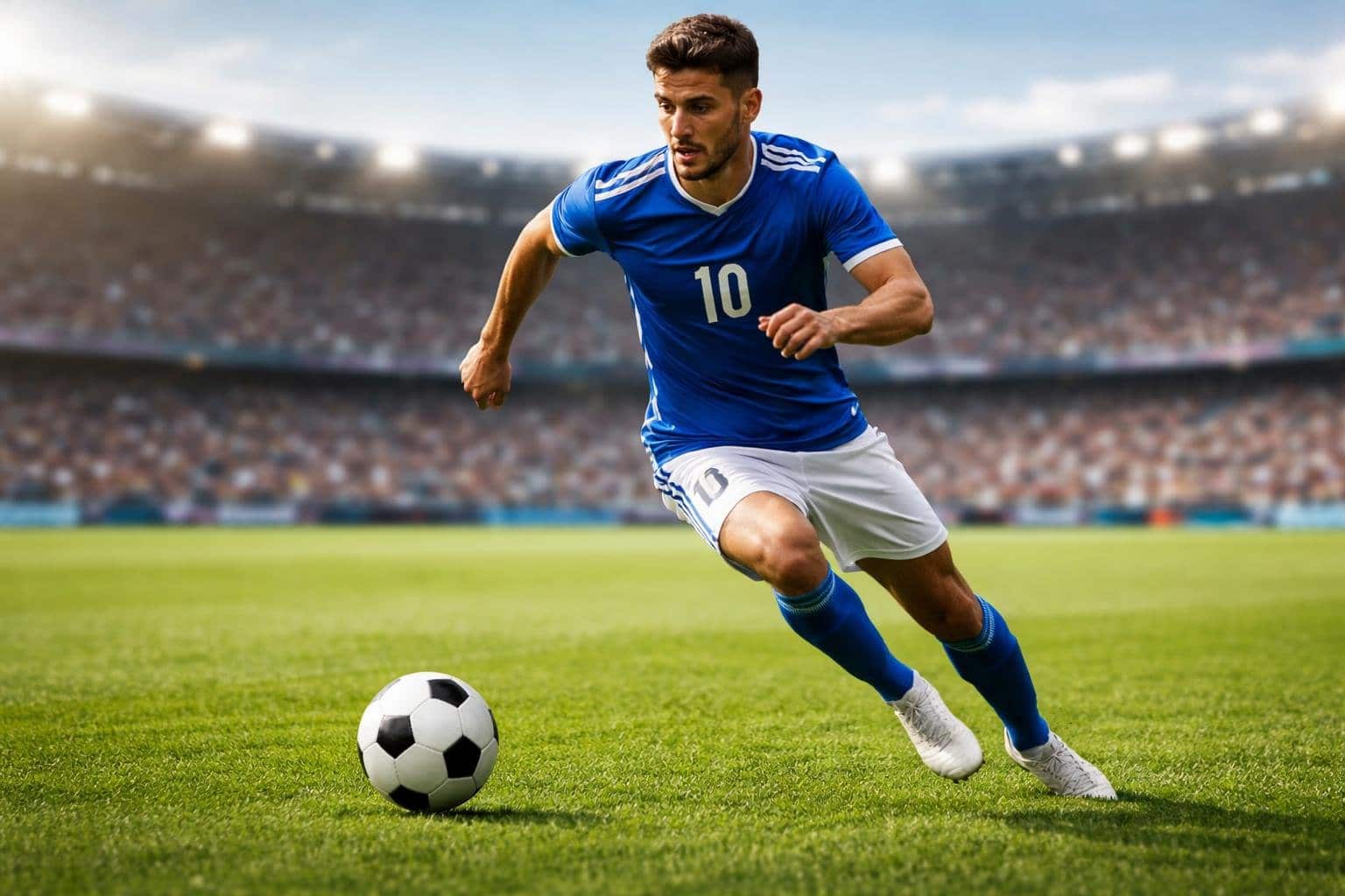 Jogador de futebol masculino correndo atrás da bola em um campo verde com estádio ao fundo.