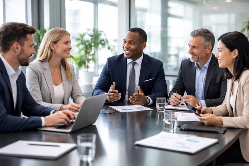 Grupo de profissionais em reunião colaborativa em um escritório moderno e iluminado.