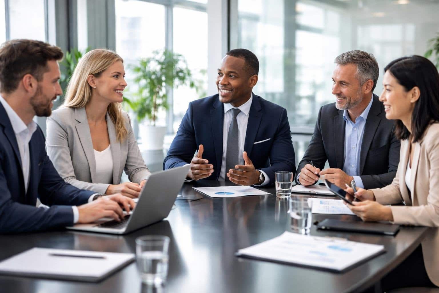 Grupo de profissionais em reunião colaborativa em um escritório moderno e iluminado.