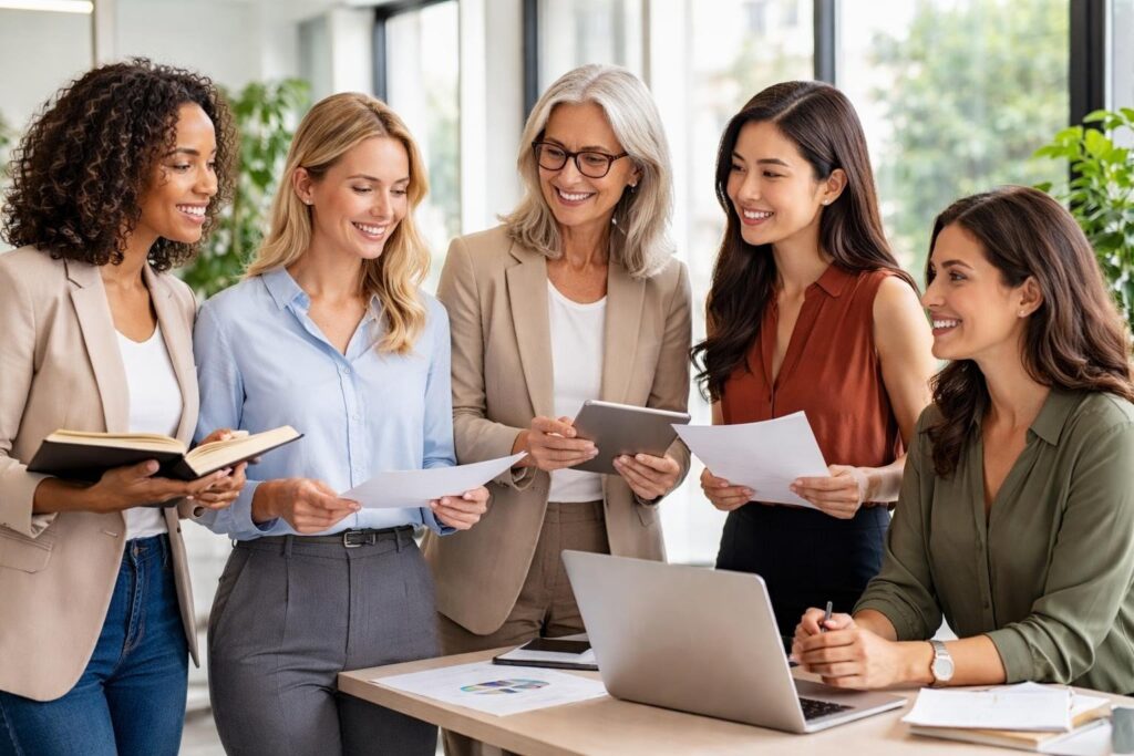 Grupo de mulheres em ambiente de escritório moderno interagindo e trabalhando juntas.