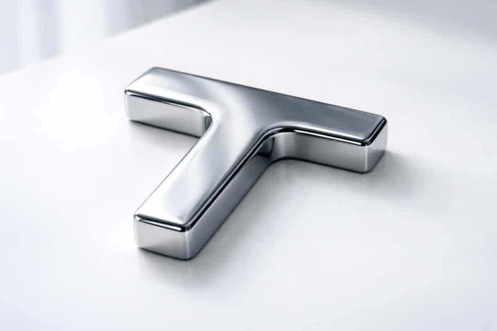 Objeto moderno em forma de letra T feito de metal polido sobre superfície branca limpa.