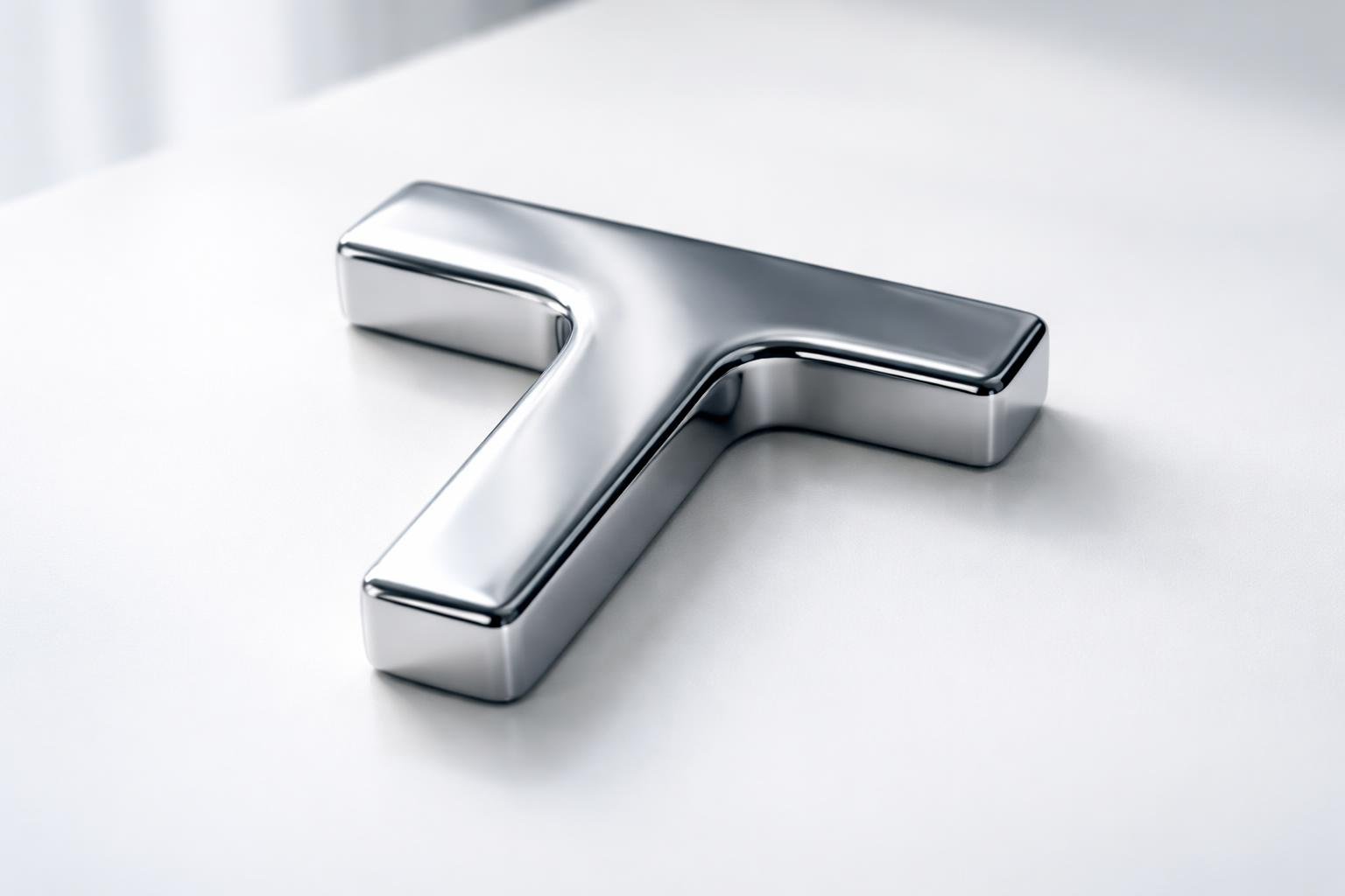 Objeto moderno em forma de letra T feito de metal polido sobre superfície branca limpa.