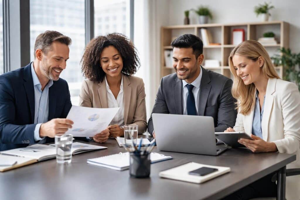 Quatro profissionais de negócios reunidos em uma mesa de conferência em um escritório moderno, discutindo documentos e usando dispositivos digitais.