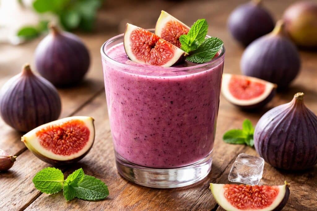 Copo de bebida roxa com fatias de figo e folhas de hortelã, cercado por figos frescos sobre uma mesa de madeira.
