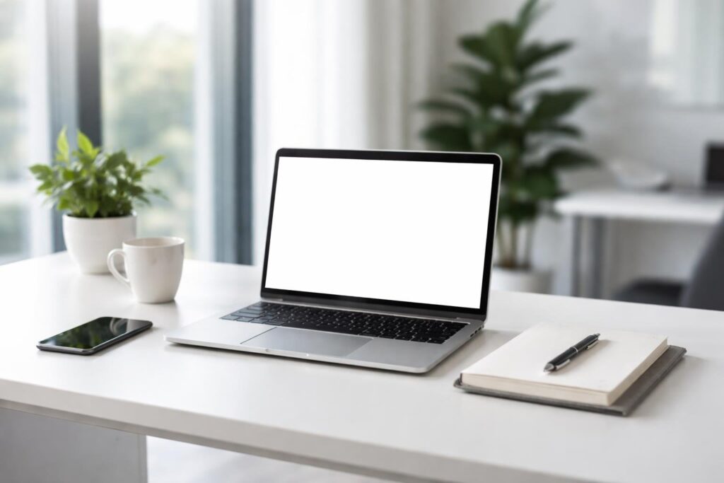 Ambiente de escritório moderno com mesa limpa, laptop, celular e caderno organizado, iluminado por luz natural.
