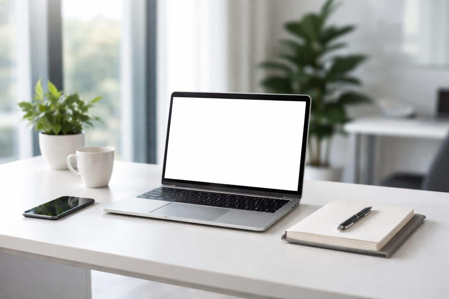 Ambiente de escritório moderno com mesa limpa, laptop, celular e caderno organizado, iluminado por luz natural.