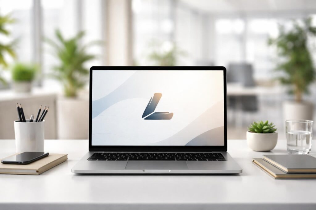 Ambiente de escritório moderno com mesa limpa, laptop aberto e plantas ao fundo.