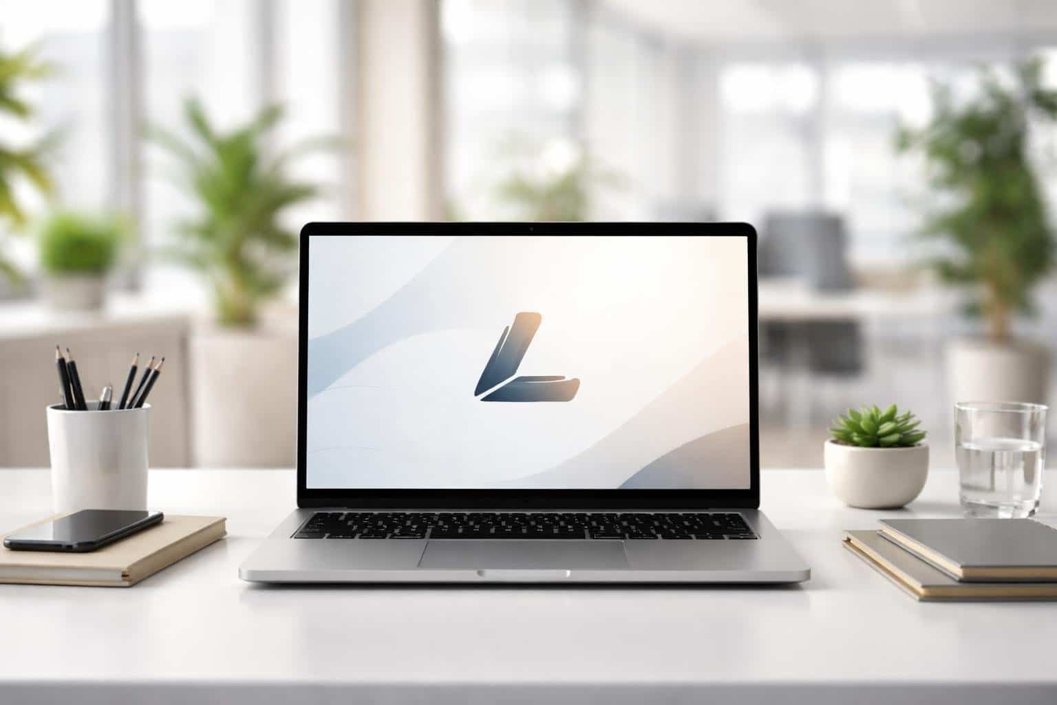 Ambiente de escritório moderno com mesa limpa, laptop aberto e plantas ao fundo.