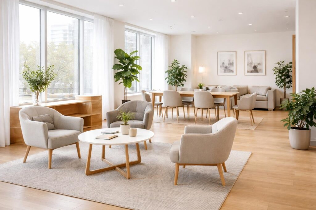 Espaço interno moderno e bem iluminado com móveis confortáveis e plantas.