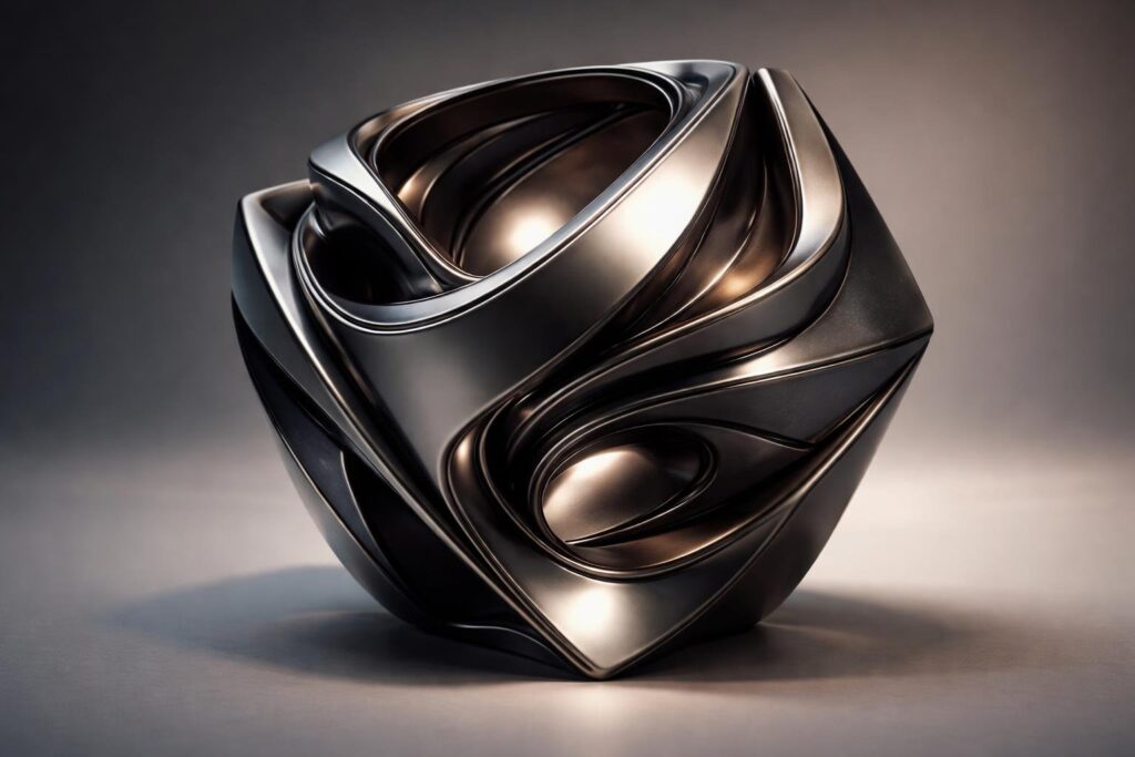 Objeto abstrato e futurista com formas curvas e geométricas em uma superfície neutra.