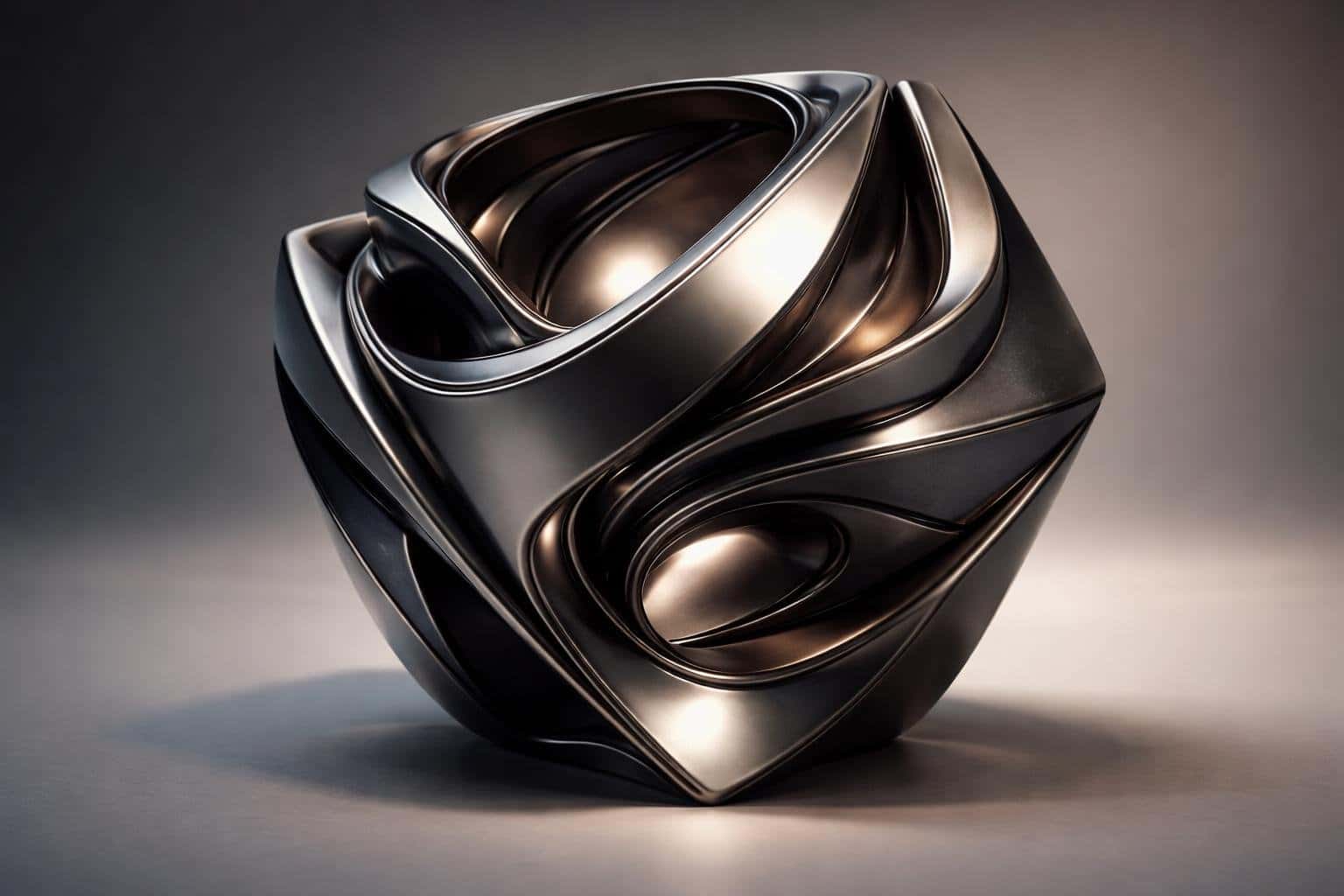 Objeto abstrato e futurista com formas curvas e geométricas em uma superfície neutra.