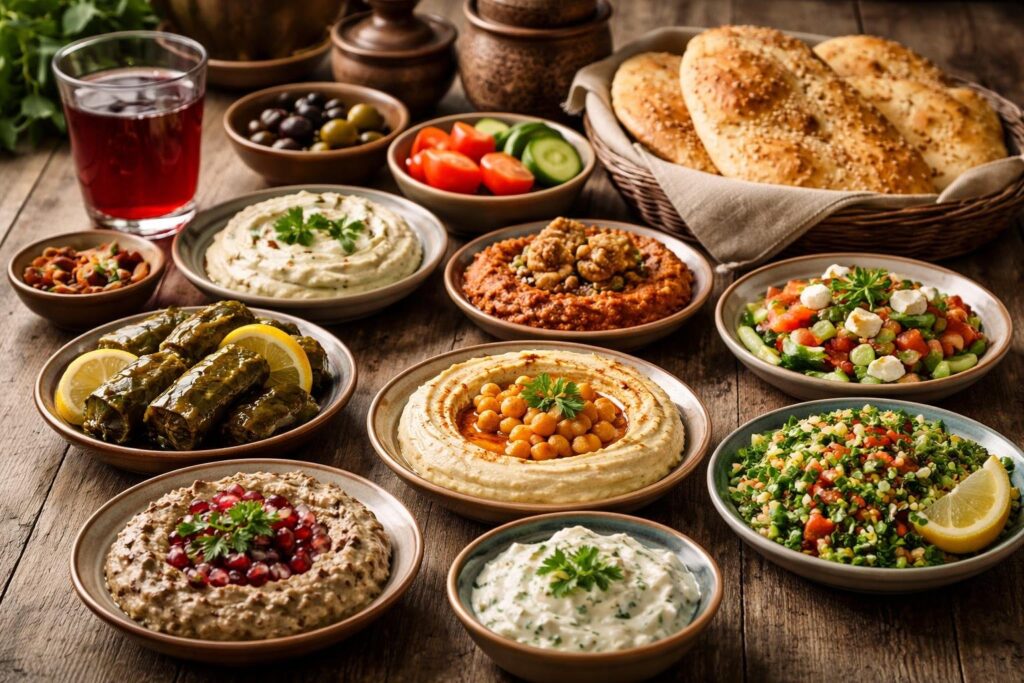 Mesa com diversos pratos tradicionais da culinária turca, incluindo pães, saladas e suco de romã.