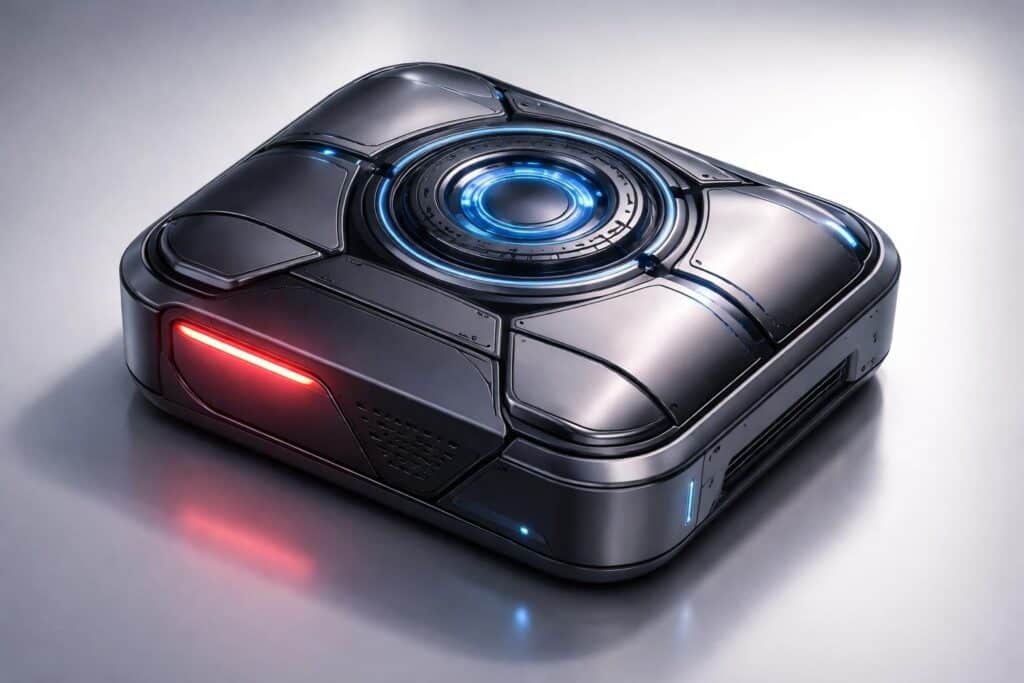 Dispositivo eletrônico compacto com um botão vermelho iluminado, em um fundo simples e iluminado.