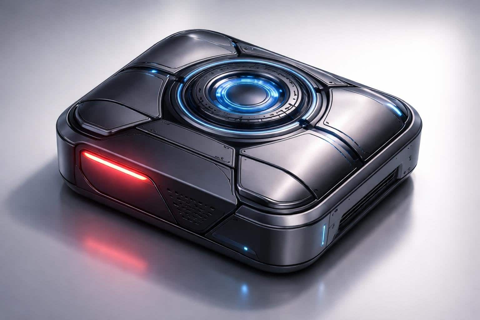 Dispositivo eletrônico compacto com um botão vermelho iluminado, em um fundo simples e iluminado.