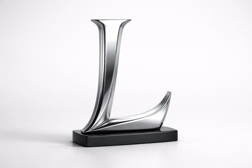 Objeto tridimensional com formato da letra L sobre base preta em fundo branco.