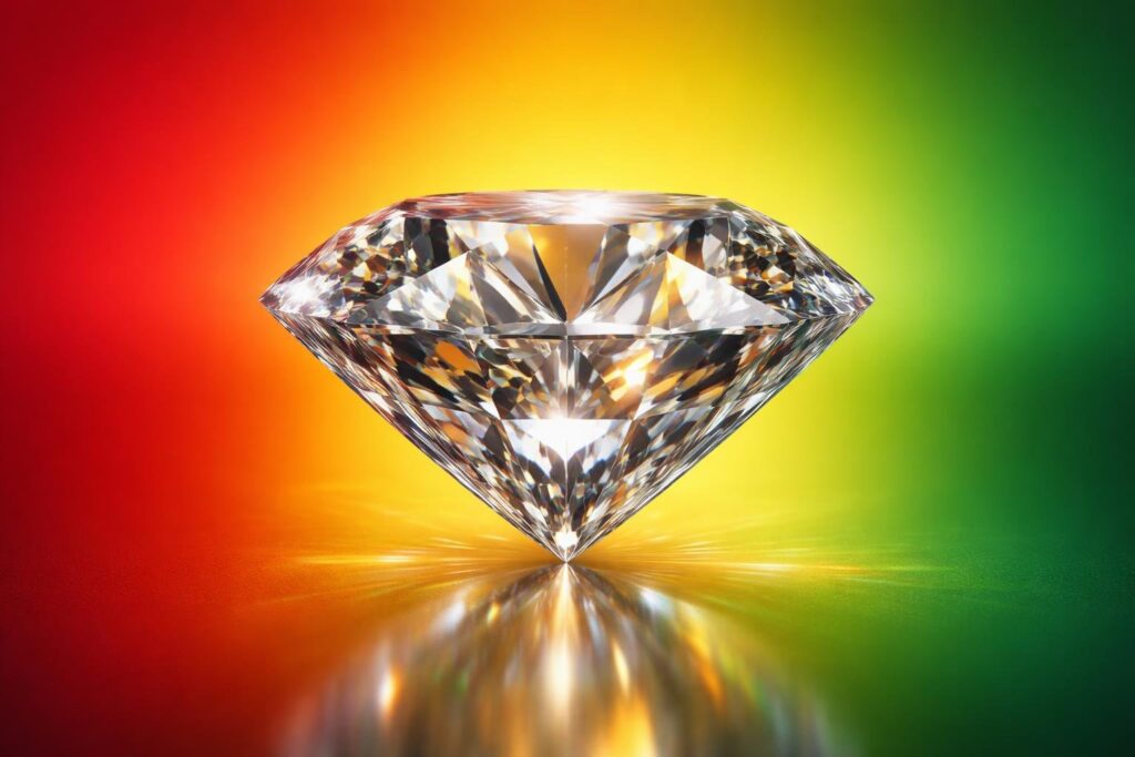 Um diamante brilhante posicionado sobre uma superfície reflexiva com um fundo degradê nas cores vermelho, amarelo e verde.