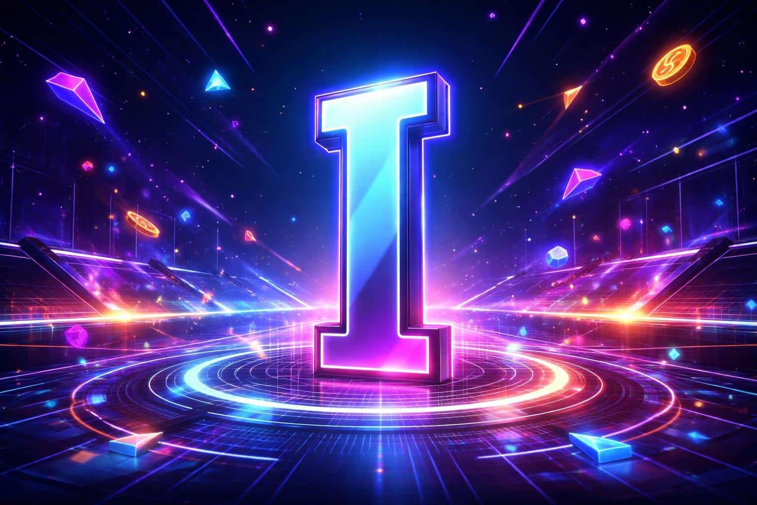 Cena de um ambiente digital com uma letra I tridimensional iluminada no centro, rodeada por formas geométricas flutuantes e luzes neon.