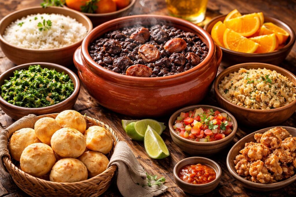 Mesa rústica com pratos tradicionais brasileiros, incluindo feijoada, arroz, couve, laranja, farofa e pão de queijo.