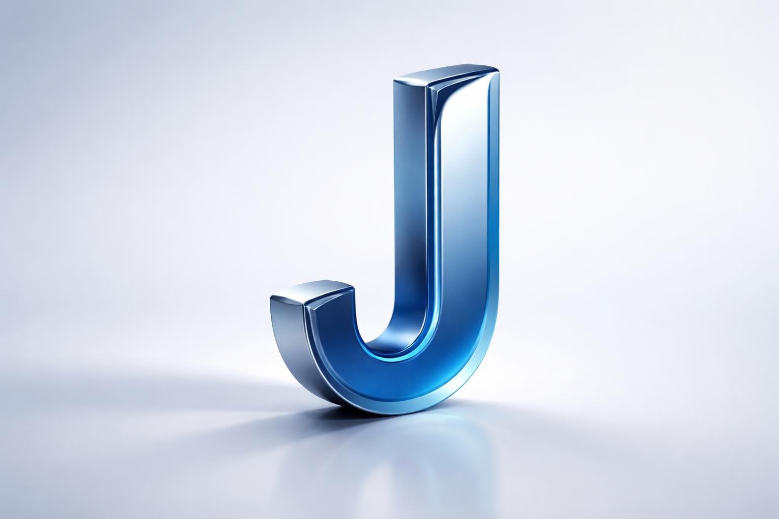 Uma letra J tridimensional em pé sobre uma superfície refletiva, com fundo azul claro e branco.