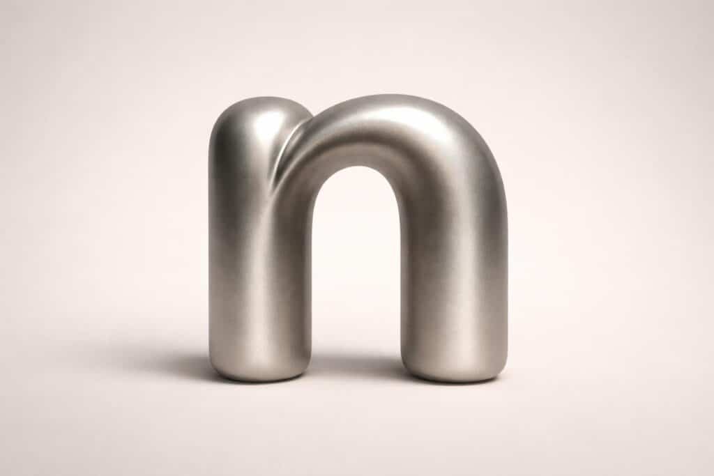 Objeto tridimensional em forma da letra n sobre fundo neutro.