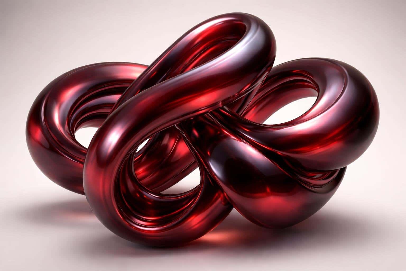 Objeto abstrato vermelho com formas curvas e interligadas em um fundo neutro.