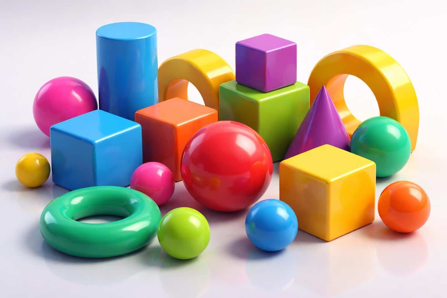 Várias formas geométricas coloridas em uma superfície brilhante, com iluminação suave e fundo neutro.