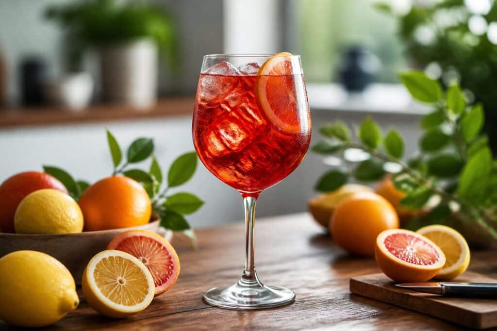 Copo elegante de coquetel vermelho de Campari sobre mesa de madeira com frutas cítricas ao redor e folhas verdes ao fundo.