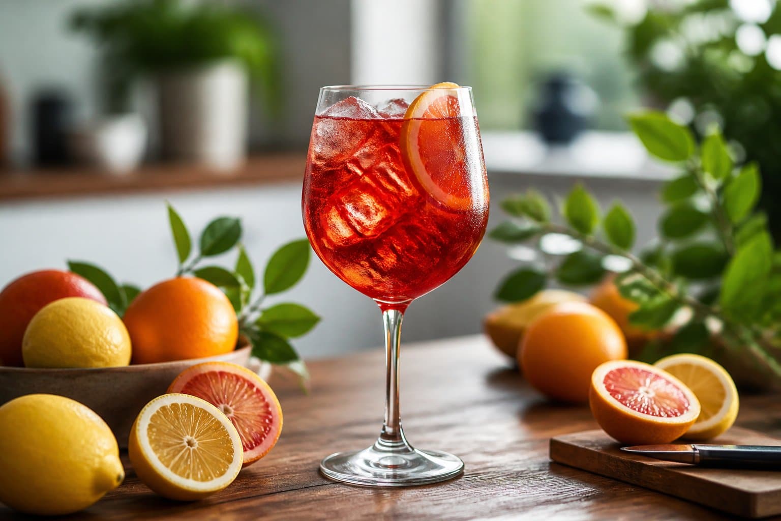 Copo elegante de coquetel vermelho de Campari sobre mesa de madeira com frutas cítricas ao redor e folhas verdes ao fundo.