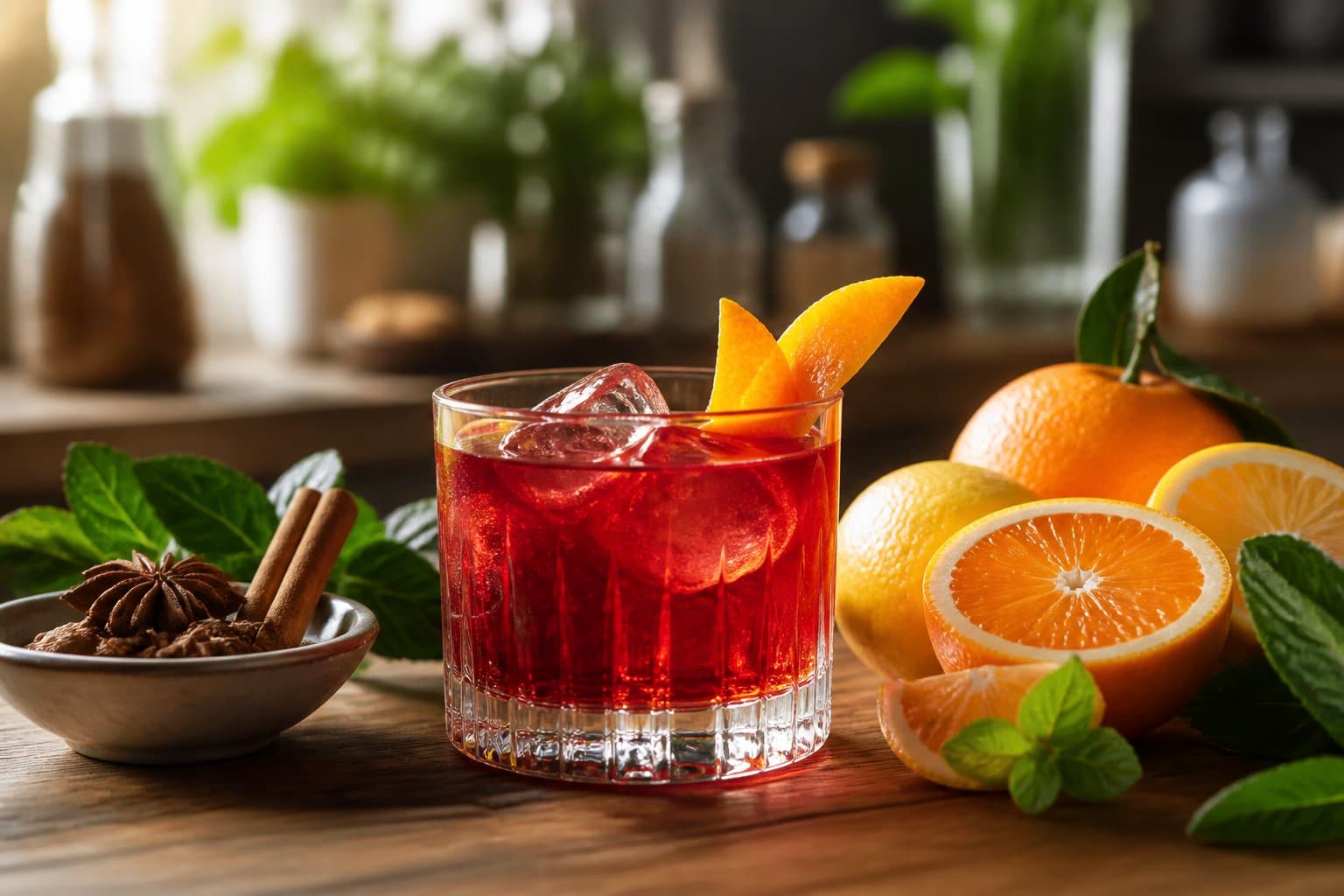 Copo de coquetel com Campari e fatia de laranja sobre mesa de madeira, cercado por frutas cítricas, ervas frescas e especiarias para digestão.