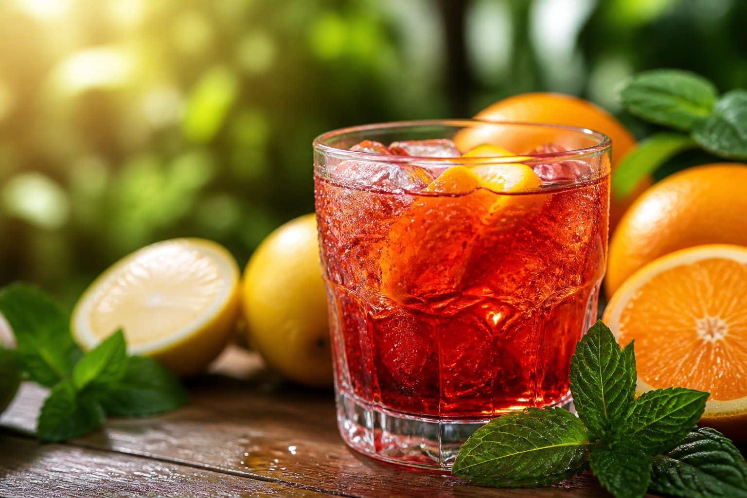 Copo de Campari vermelho com frutas cítricas e folhas verdes ao redor sobre uma mesa de madeira, com fundo desfocado de plantas e luz natural.