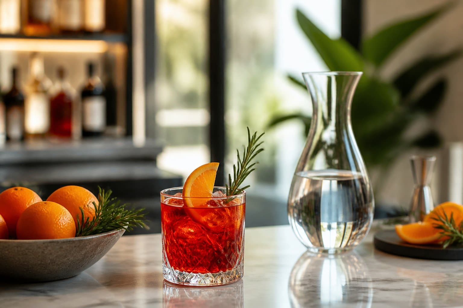 Copo de coquetel com Campari decorado com fatia de laranja e ramo de alecrim sobre balcão elegante, com frutas cítricas e jarra de água ao lado.