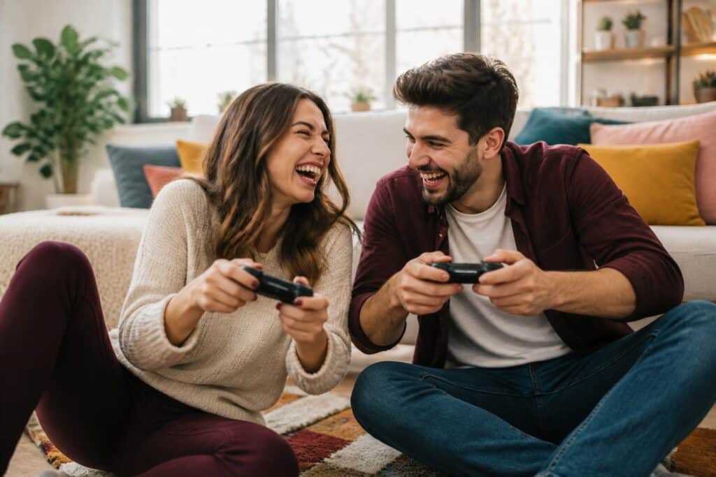 Casal jovem sorrindo e brincando juntos em uma sala de estar aconchegante e iluminada.