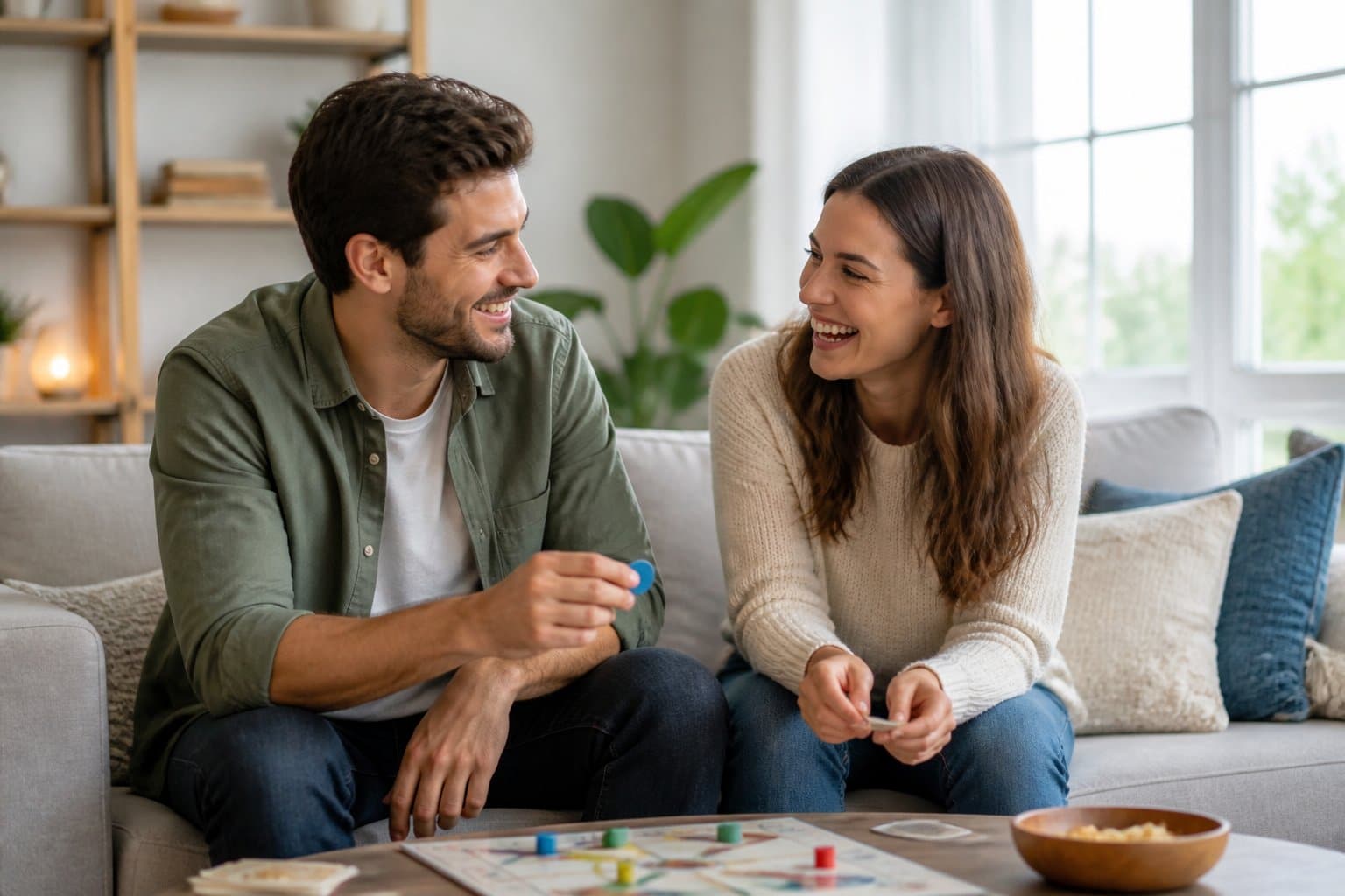 Casal sorridente brincando junto em uma sala de estar aconchegante, demonstrando diversão e conexão.