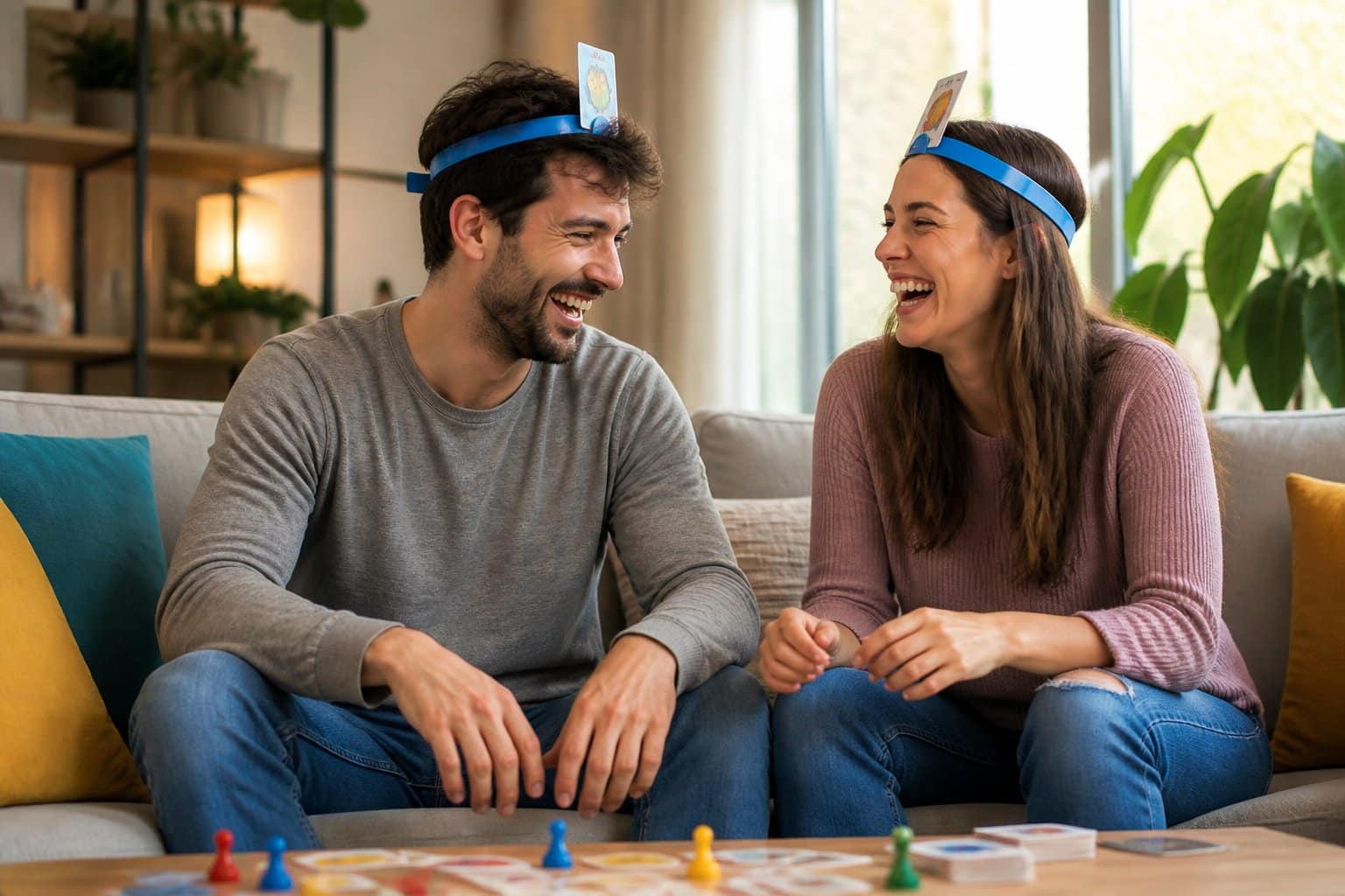 Casal sorrindo e se divertindo juntos enquanto brincam em uma sala de estar aconchegante.