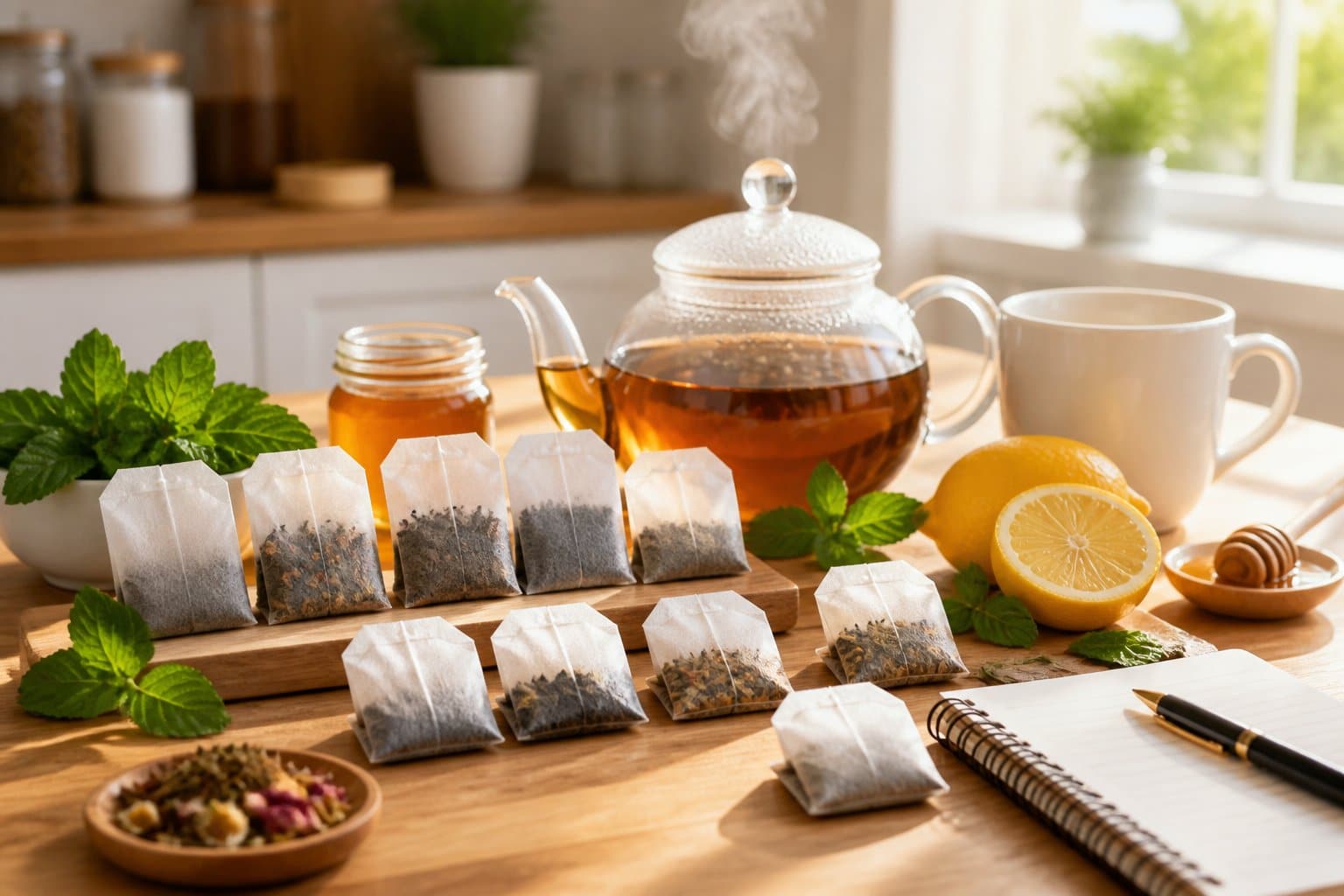 Mesa de madeira com diferentes marcas de saquinhos de chá, um bule de vidro com chá quente e ingredientes naturais como limão e hortelã ao redor.