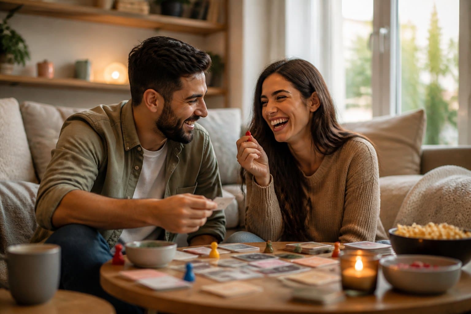 Casal jovem brincando e se divertindo juntos em uma sala de estar aconchegante.