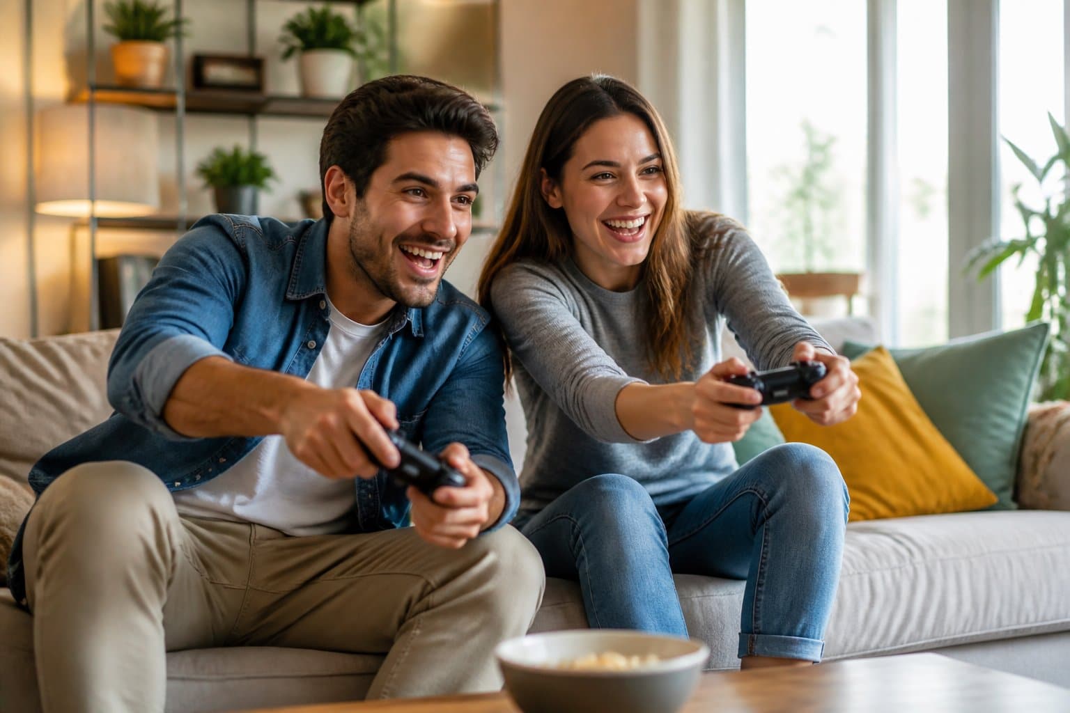 Casal jovem sorrindo e se divertindo juntos em uma sala de estar aconchegante durante uma atividade lúdica.