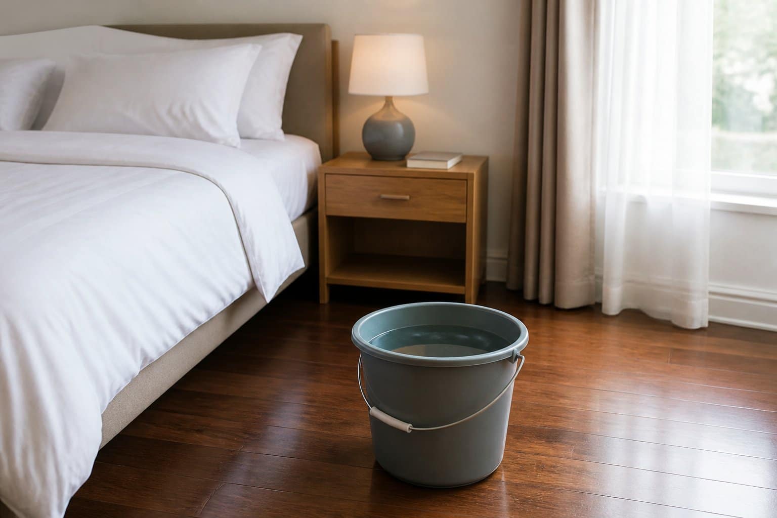 Quarto moderno com um balde cheio de água no chão próximo à cama.